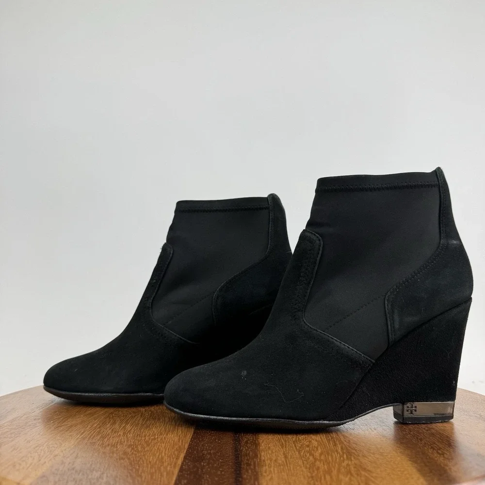 Womens Tory Burch Brenda Black Suede Sock Ankle Wedge Boots Booties Size 8 M GUC